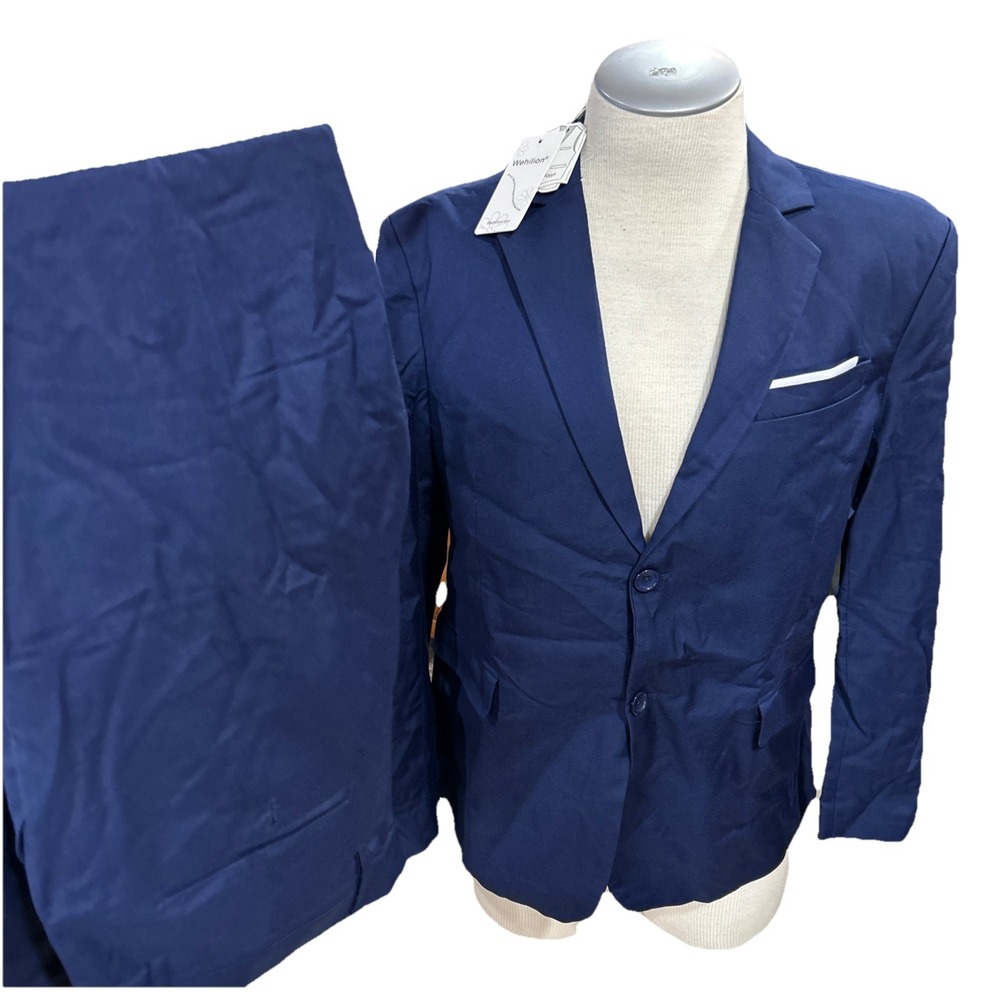 Wehilion Men's 3-Piece Suit Set Large Navy Blue Blazer Jacket, Pants & Tie